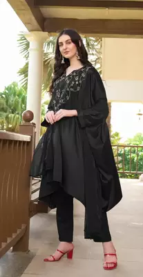 Black hand embroidery satin stitched asymmetrical  trouser kurta & dupatta  3