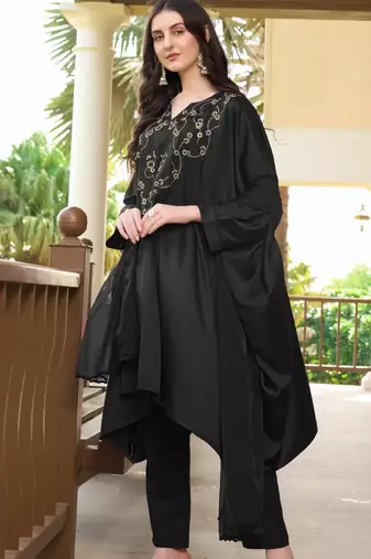 Black hand embroidery satin stitched asymmetrical  trouser kurta & dupatta 