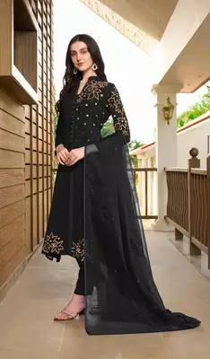 Black hand embroidery georgette stitched a line trouser kurta & dupatta  3