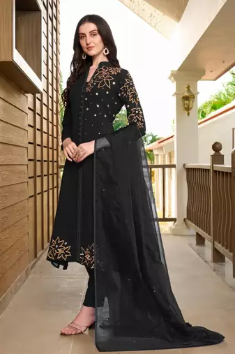Black hand embroidery georgette stitched a line trouser kurta & dupatta 