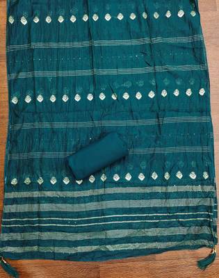 Women's teal blue heavy multi thread embroidery jaam cotton dress material 4