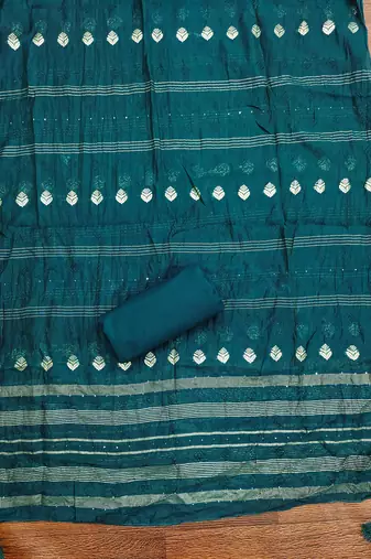 Women's teal blue heavy multi thread embroidery jaam cotton dress material