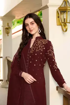 Maroon hand embroidery georgette stitched a line trouser kurta & dupatta  5
