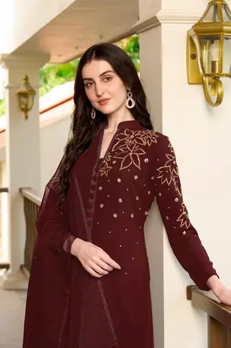 Maroon hand embroidery georgette stitched a line trouser kurta & dupatta 