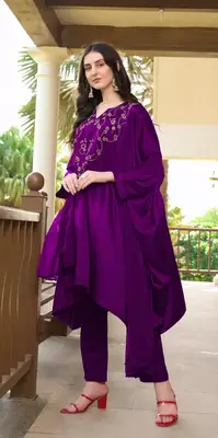 Purple hand embroidery satin stitched asymmetrical  trouser kurta & dupatta  3