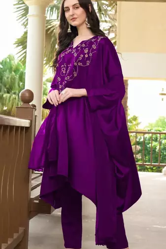 Purple hand embroidery satin stitched asymmetrical  trouser kurta & dupatta 