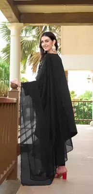 Black hand embroidery satin stitched asymmetrical  trouser kurta & dupatta  4