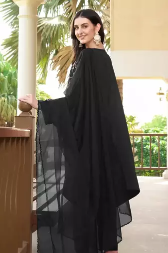 Black hand embroidery satin stitched asymmetrical  trouser kurta & dupatta 