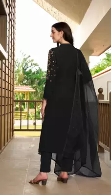 Black hand embroidery georgette stitched a line trouser kurta & dupatta  4