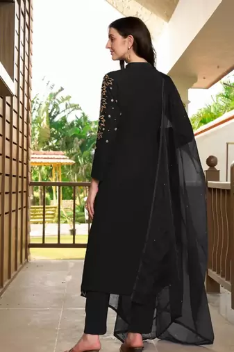 Black hand embroidery georgette stitched a line trouser kurta & dupatta 
