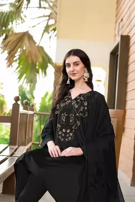 Black hand embroidery satin stitched asymmetrical  trouser kurta & dupatta  5