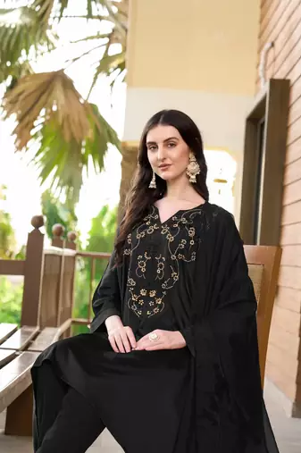 Black hand embroidery satin stitched asymmetrical  trouser kurta & dupatta 