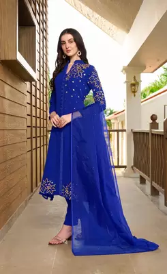 Blue hand embroidery georgette stitched a line trouser kurta & dupatta  3