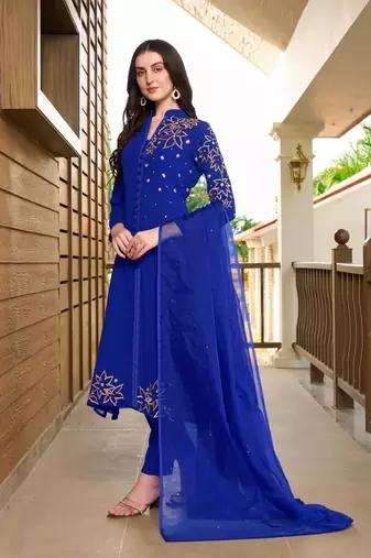 Blue hand embroidery georgette stitched a line trouser kurta & dupatta 
