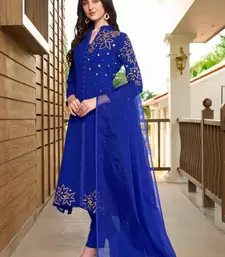 Blue hand embroidery georgette stitched a line trouser kurta & dupatta