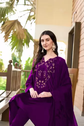 Purple hand embroidery satin stitched asymmetrical  trouser kurta & dupatta 