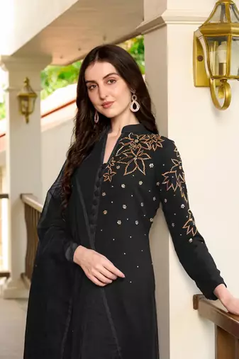 Black hand embroidery georgette stitched a line trouser kurta & dupatta 