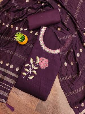 Women's voilet heavy multi thread embroidery jaam cotton dress material 1