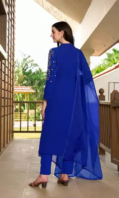 Blue hand embroidery georgette stitched a line trouser kurta & dupatta  4