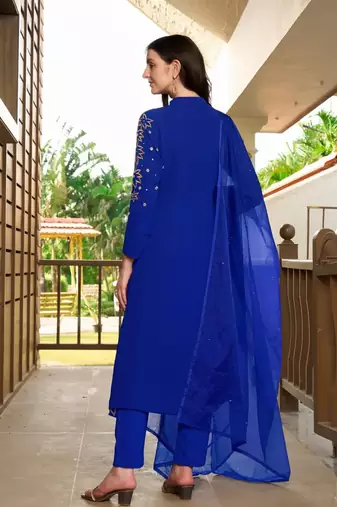 Blue hand embroidery georgette stitched a line trouser kurta & dupatta 
