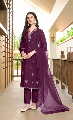Violet hand embroidery art silk stitched asymmetrical  trouser kurta & dupatta  1