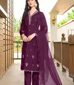 Violet hand embroidery art silk stitched asymmetrical  trouser kurta & dupatta 