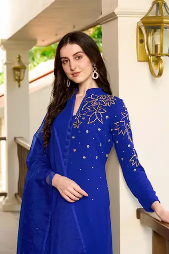Blue hand embroidery georgette stitched a line trouser kurta & dupatta 