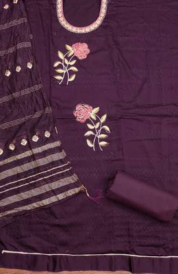 Women's voilet heavy multi thread embroidery jaam cotton dress material 2