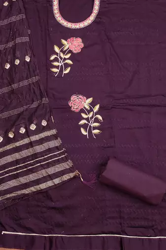 Women's voilet heavy multi thread embroidery jaam cotton dress material