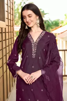Violet hand embroidery art silk stitched asymmetrical  trouser kurta & dupatta  4