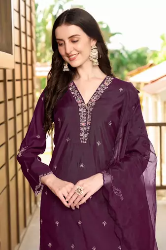 Violet hand embroidery art silk stitched asymmetrical  trouser kurta & dupatta 