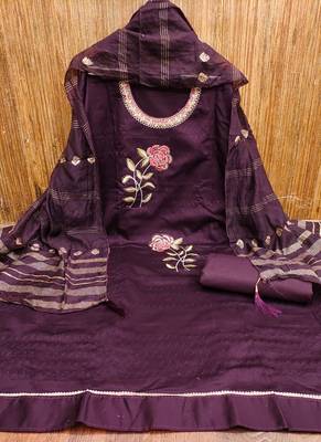 Women's voilet heavy multi thread embroidery jaam cotton dress material 3