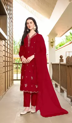 Maroon hand embroidery art silk stitched asymmetrical  trouser kurta & dupatta  1
