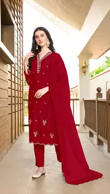 Maroon hand embroidery art silk stitched asymmetrical  trouser kurta & dupatta  3