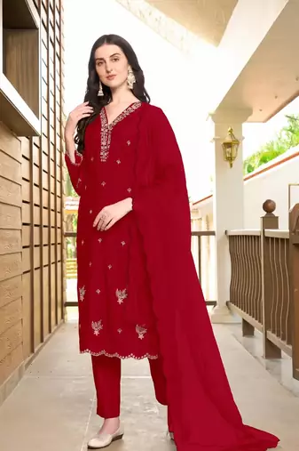 Maroon hand embroidery art silk stitched asymmetrical  trouser kurta & dupatta 