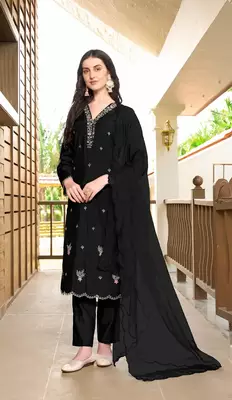 Black hand embroidery art silk stitched asymmetrical  trouser kurta & dupatta  1