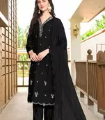 Black hand embroidery art silk stitched asymmetrical  trouser kurta & dupatta 