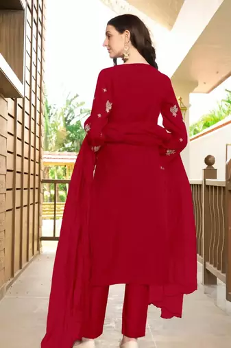Maroon hand embroidery art silk stitched asymmetrical  trouser kurta & dupatta 
