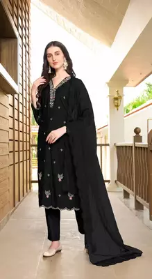 Black hand embroidery art silk stitched asymmetrical  trouser kurta & dupatta  3