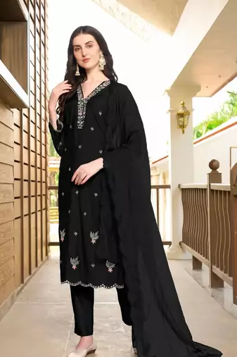Black hand embroidery art silk stitched asymmetrical  trouser kurta & dupatta 