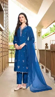 Blue hand embroidery art silk stitched asymmetrical  trouser kurta & dupatta  1
