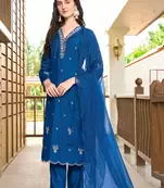 Blue hand embroidery art silk stitched asymmetrical  trouser kurta & dupatta 