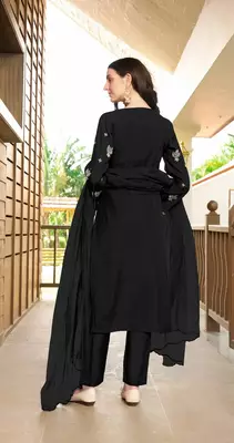 Black hand embroidery art silk stitched asymmetrical  trouser kurta & dupatta  4