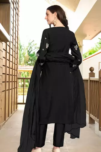 Black hand embroidery art silk stitched asymmetrical  trouser kurta & dupatta 