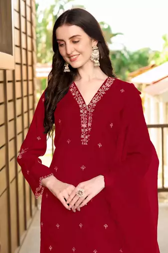 Maroon hand embroidery art silk stitched asymmetrical  trouser kurta & dupatta 