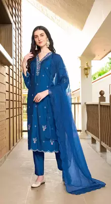 Blue hand embroidery art silk stitched asymmetrical  trouser kurta & dupatta  3