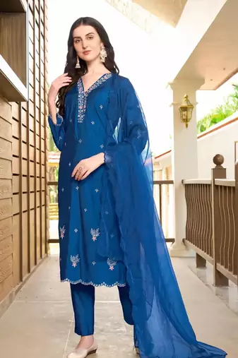 Blue hand embroidery art silk stitched asymmetrical  trouser kurta & dupatta 
