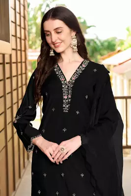 Black hand embroidery art silk stitched asymmetrical  trouser kurta & dupatta  5