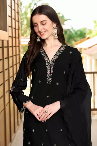 Black hand embroidery art silk stitched asymmetrical  trouser kurta & dupatta 