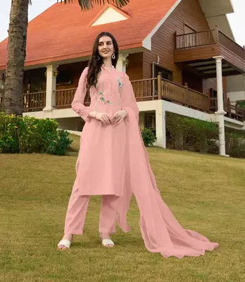 Light-pink hand embroidery art silk stitched straight cut trouser kurta & dupatta  1